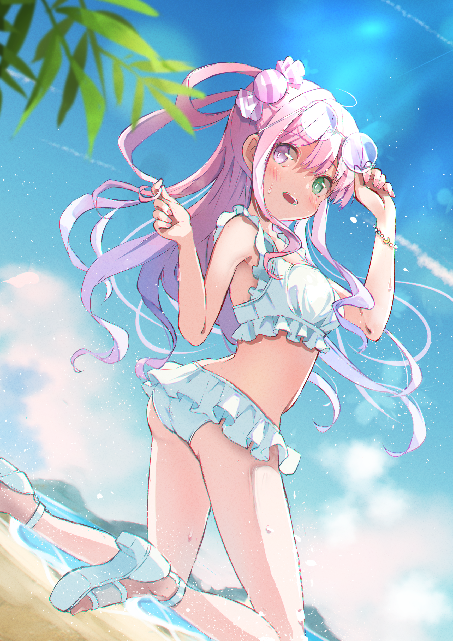 ass, bikini, heels, heterochromia, himemori_luna, hololive, megane, morikome_(moririce), swimsuits, wet
