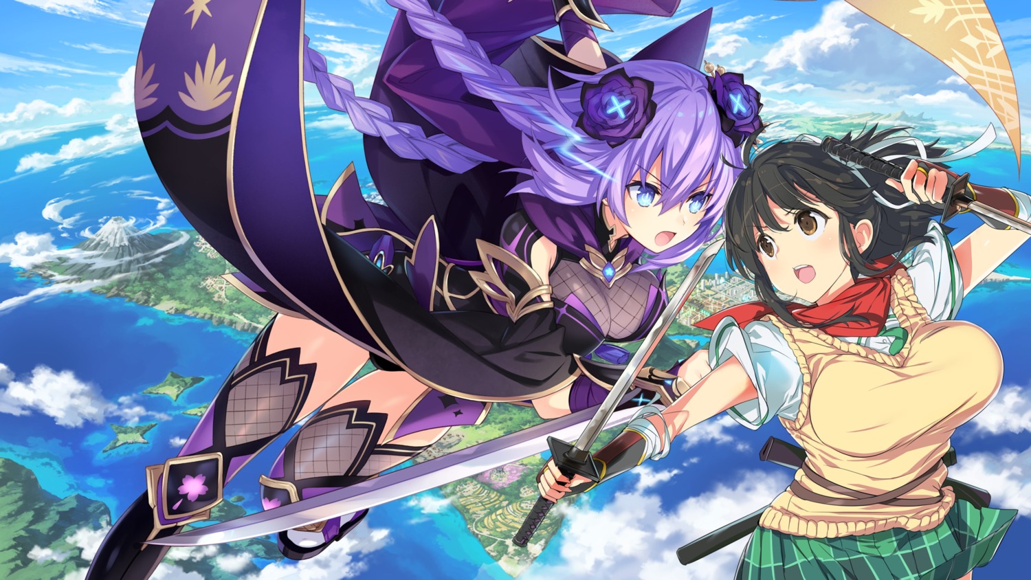 armor, asuka_(senran_kagura), choujigen_game_neptune, compile_heart, crossover, fishnets, idea_factory, ninja