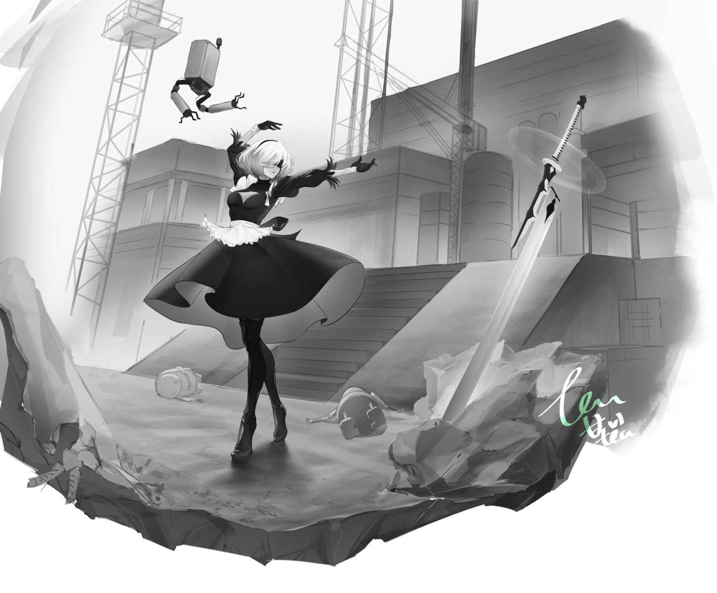 maid, monochrome, nier, nier_automata, pantyhose, shi_boyuan, sketch, sword, yorha_no.2_type_b