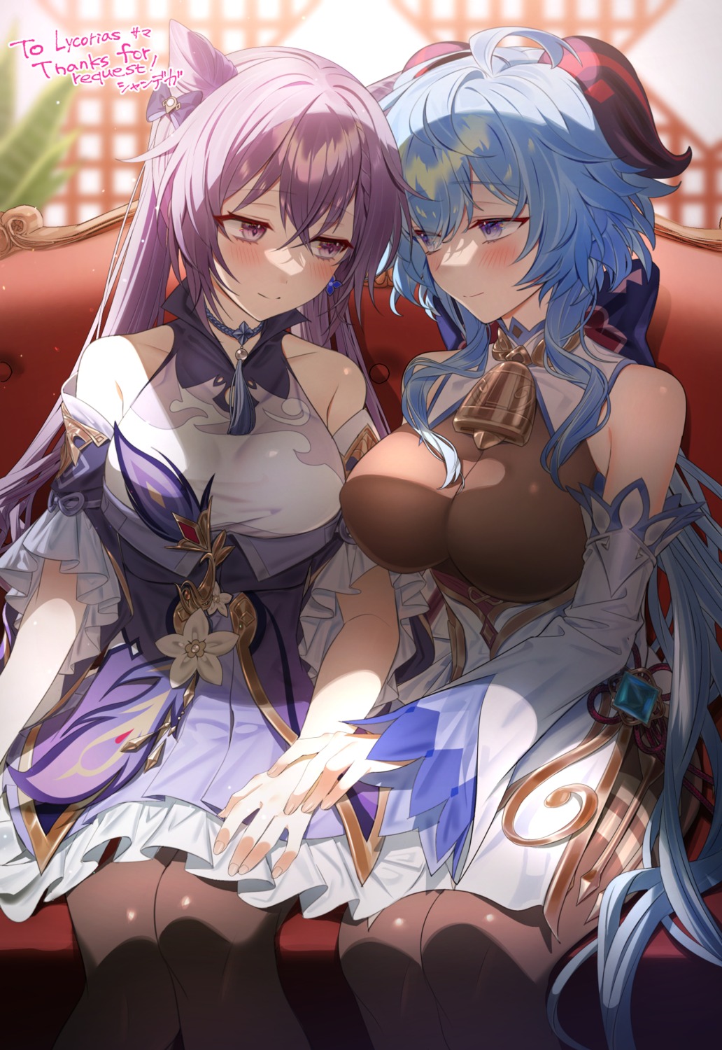 asian_clothes, ganyu, genshin_impact, horns, keqing, pantyhose, shandega