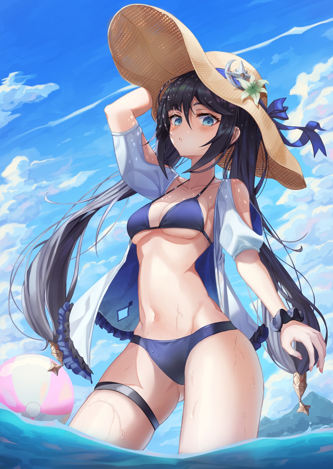 artist_revision, bikini, garter, genshin_impact, mona_megistus, open_shirt, slime_nyang, swimsuits, wet