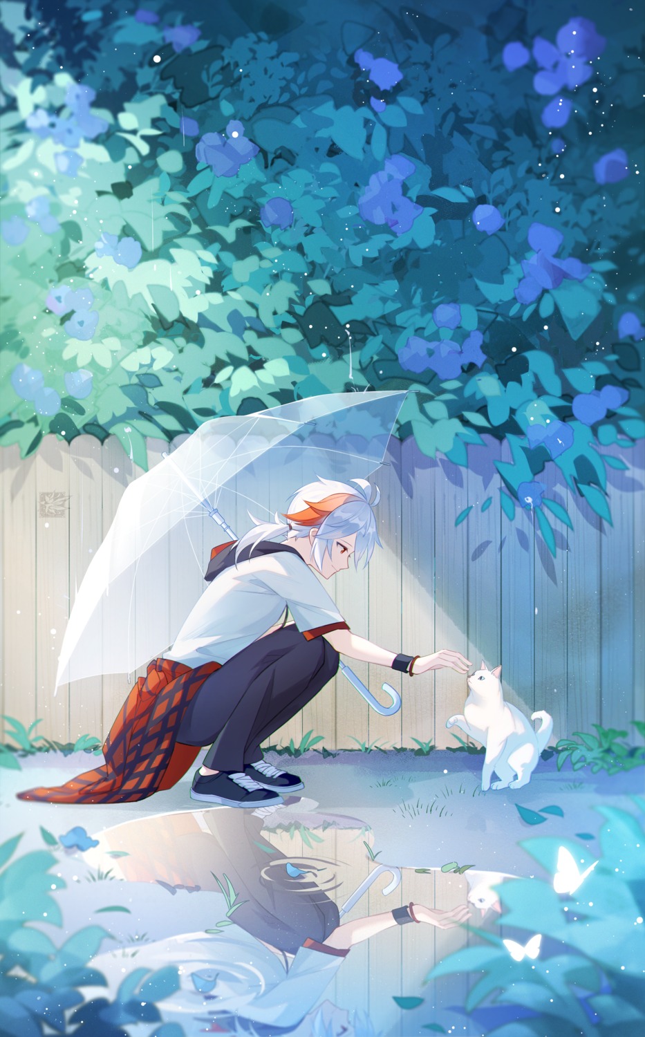 autumnlll, genshin_impact, kaedehara_kazuha, male, neko, umbrella, wet
