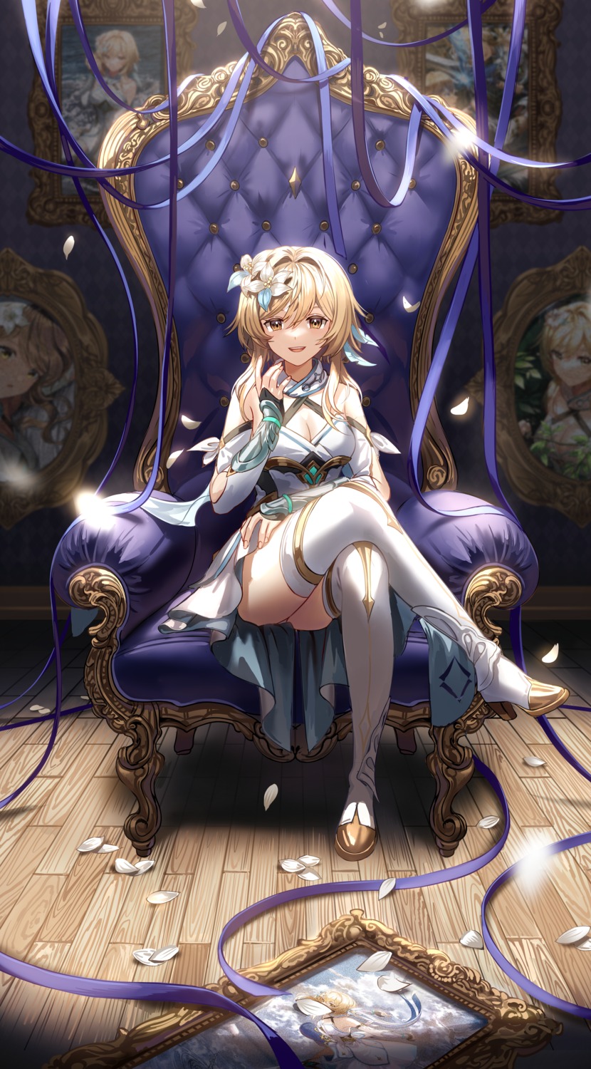cleavage, dress, genshin_impact, heels, lumine, silence_girl, thighhighs