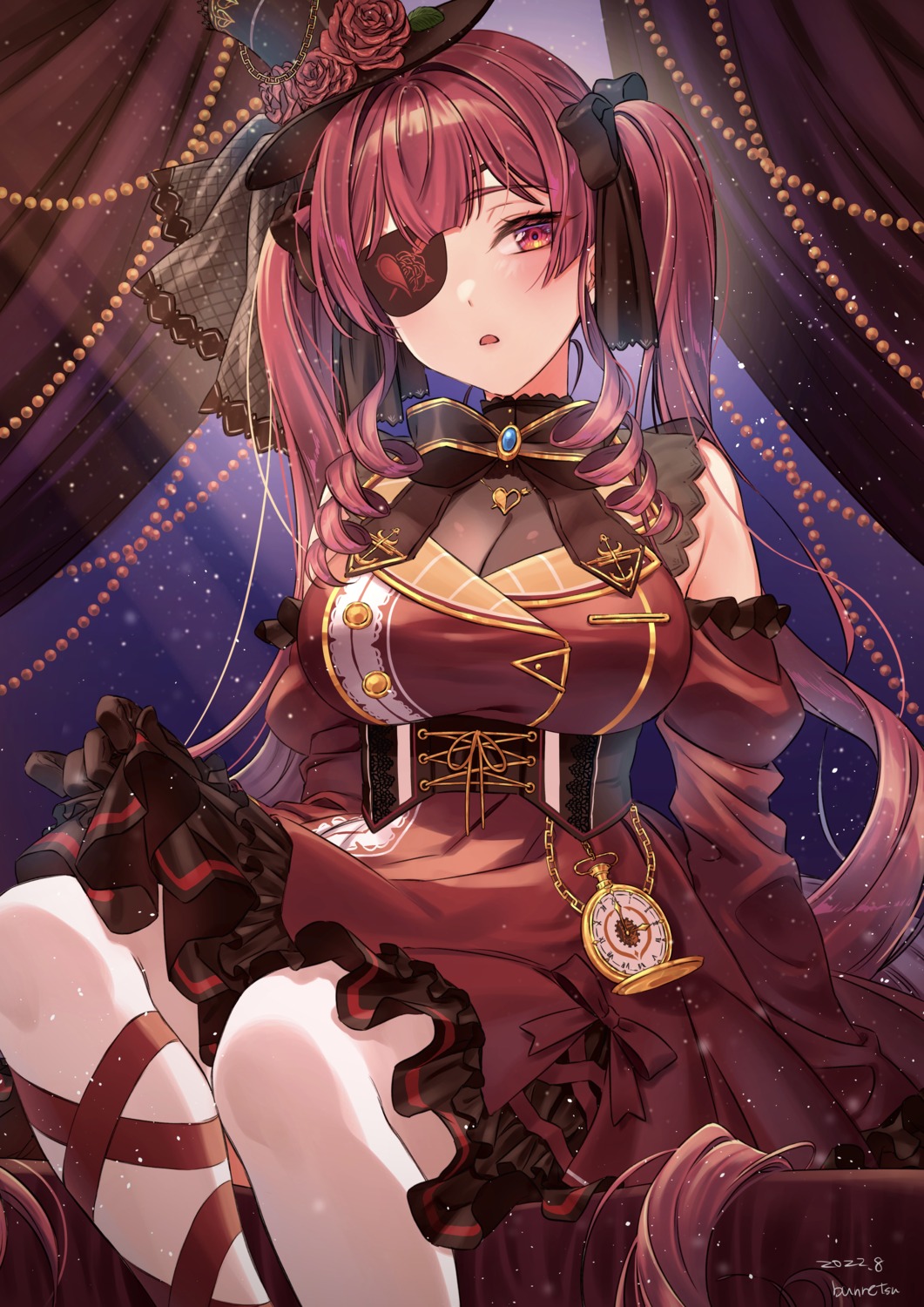 bun_(jewd5385), eyepatch, gothic_lolita, hololive, houshou_marine, lolita_fashion, see_through