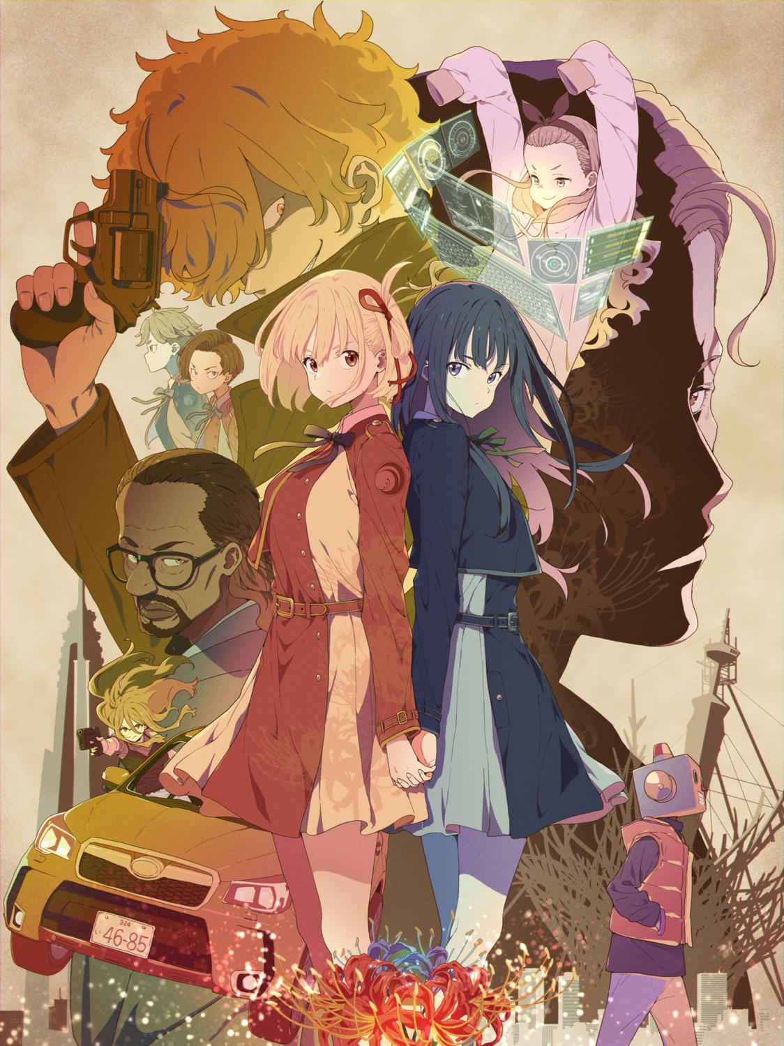 gun, harukawa_fuki, imigimuru, inoue_takina, kurumi_(lycoris_recoil), lycoris_recoil, majima_(lycoris_recoil), megane, mika_(lycoris_recoil), nakahara_mizuki, nishikigi_chisato, otome_sakura, robota_(lycoris_recoil), seifuku, yoshimatsu_shinji