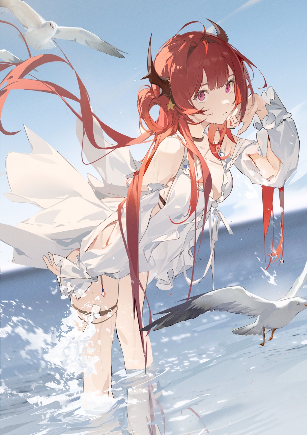 arknights, bikini, cleavage, garter, horns, surtr_(arknights), swimsuits, wet