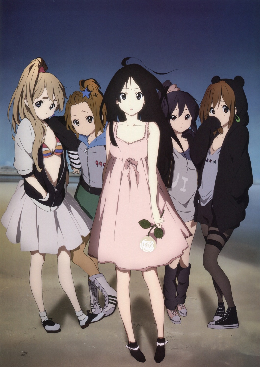 akiyama_mio, bikini_top, cleavage, dress, garter, hirasawa_yui, k-on!, kotobuki_tsumugi, nakano_azusa, open_shirt, pantyhose, summer_dress, swimsuits, tainaka_ritsu, yamada_naoko