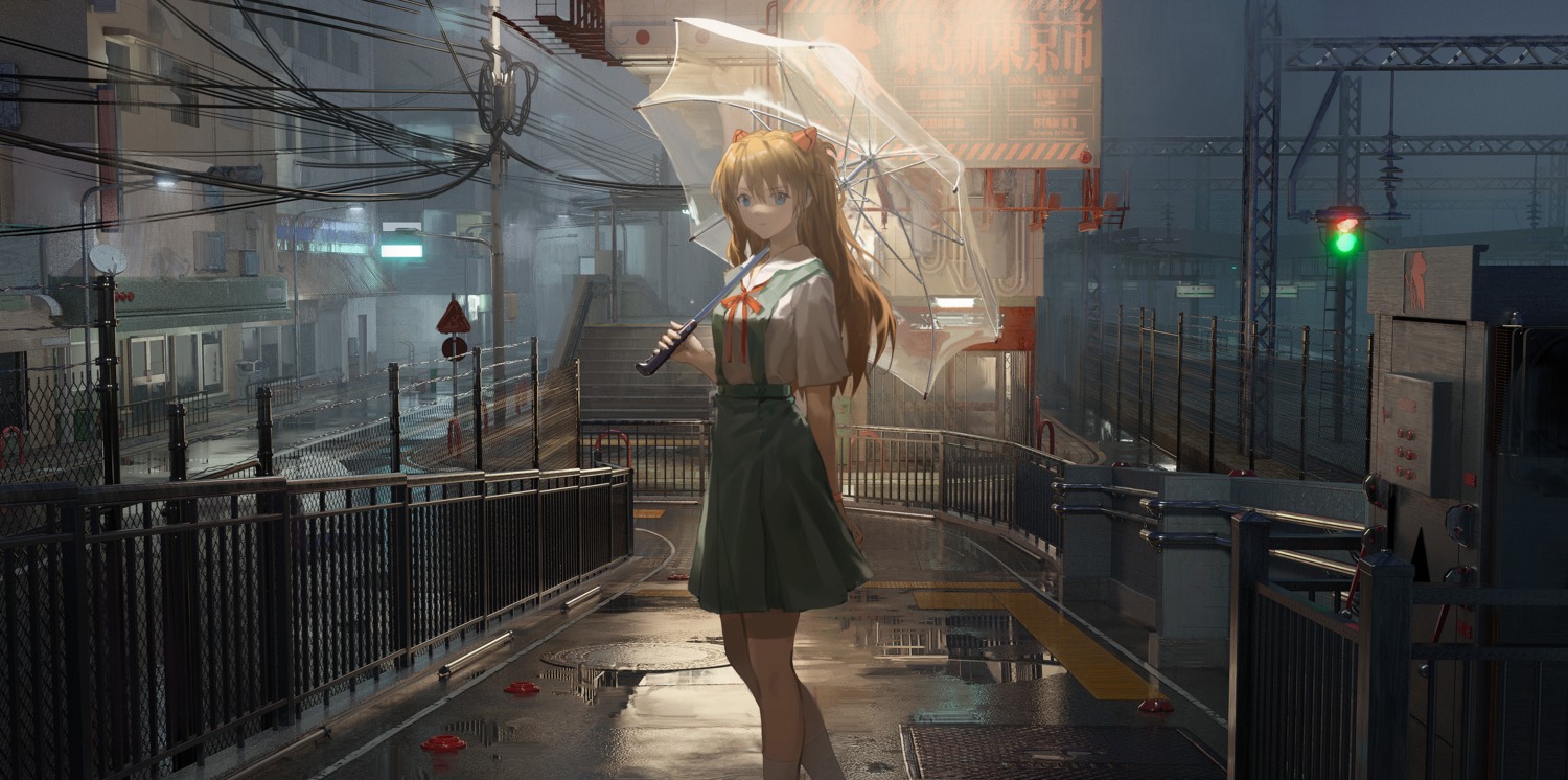 ata-zhubo, landscape, neon_genesis_evangelion, seifuku, souryuu_asuka_langley, umbrella