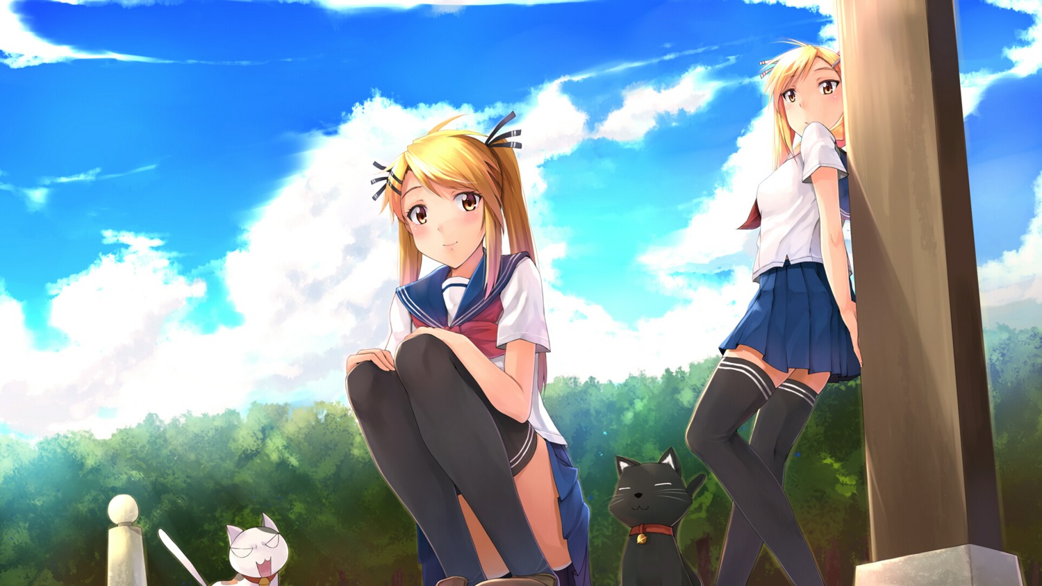 kirishima_akari, kirishima_kotone, neko, nyan_koi, seifuku, tama_(nyan_koi), thighhighs, wallpaper