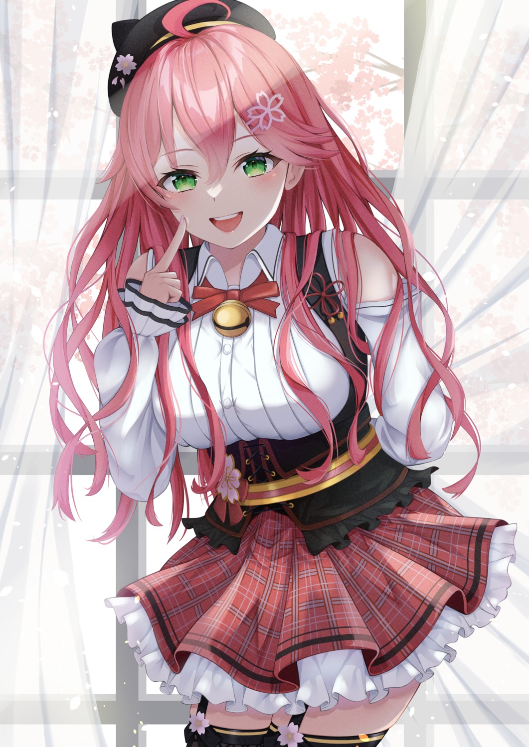 hololive, mira_bluesky3, sakura_miko, skirt_lift, stockings, thighhighs