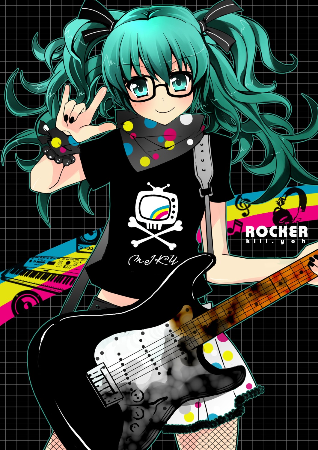 guitar, hatsune_miku, killyoh, megane, vocaloid