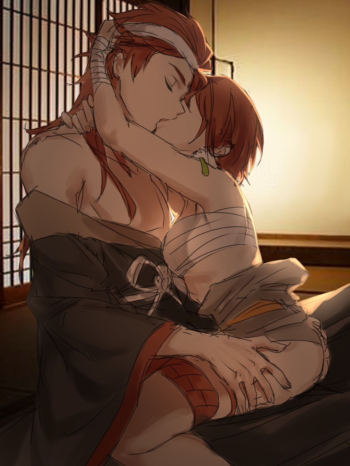 ass, bandages, garter, hanny_(uirusu_chan), hina_(hanny), japanese_clothes, onmyouji, sarashi