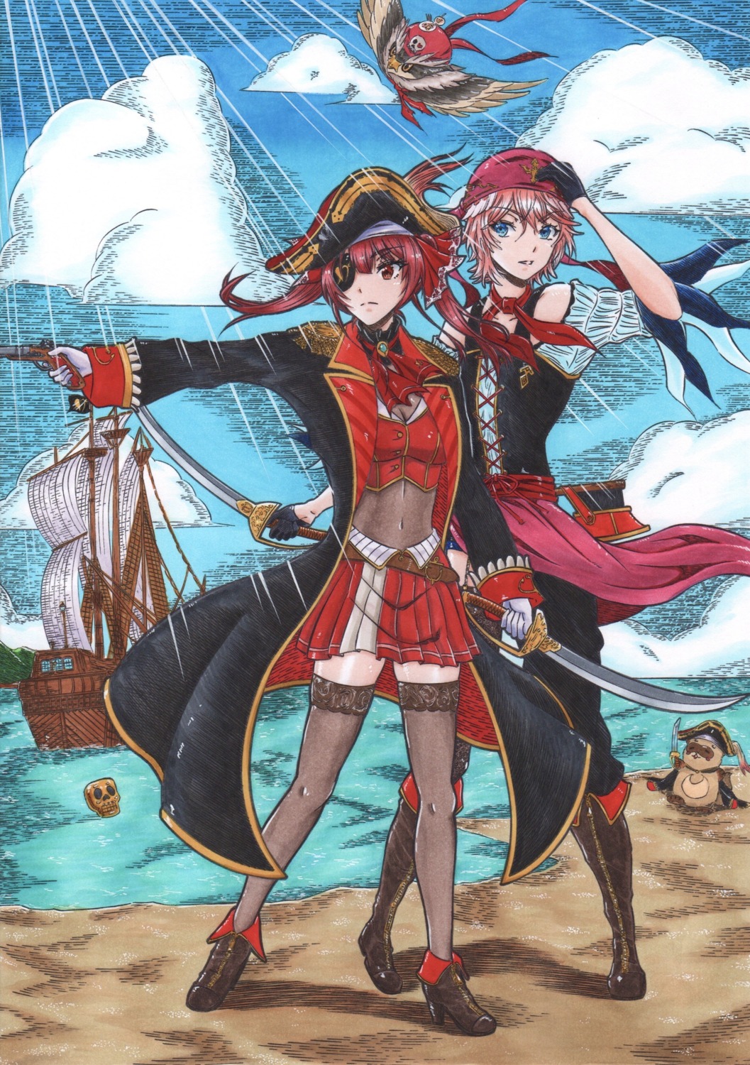 eyepatch, friend_(nanashi_mumei), future_willcome, heels, hololive, houshou_marine, pirate, pokobee