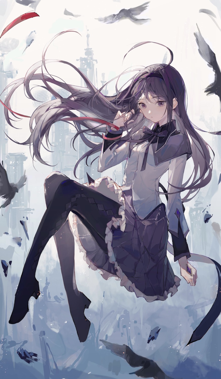 akemi_homura, celina, heels, mahou_shoujo_madoka_magica, pantyhose, seifuku, skirt_lift