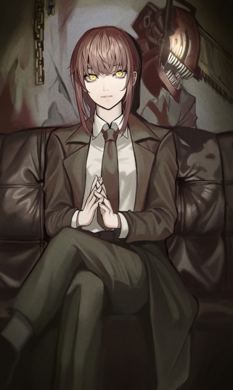 artbeer, business_suit, chainsaw, chainsaw_man, denji_(chainsaw_man), makima_(chainsaw_man)