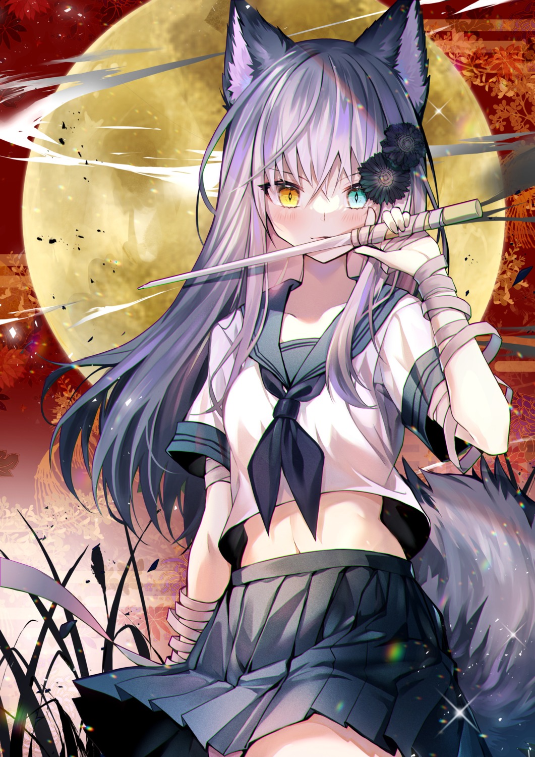 animal_ears, bandages, heterochromia, kitsune, seifuku, shirt_lift, skirt_lift, tail