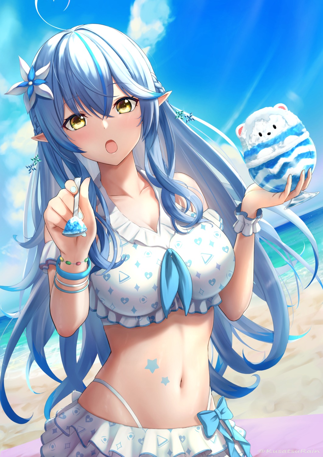 amano_kusatsu, bikini, daifuku_(yukihana_lamy), elf, hololive, pointy_ears, swimsuits, yukihana_lamy