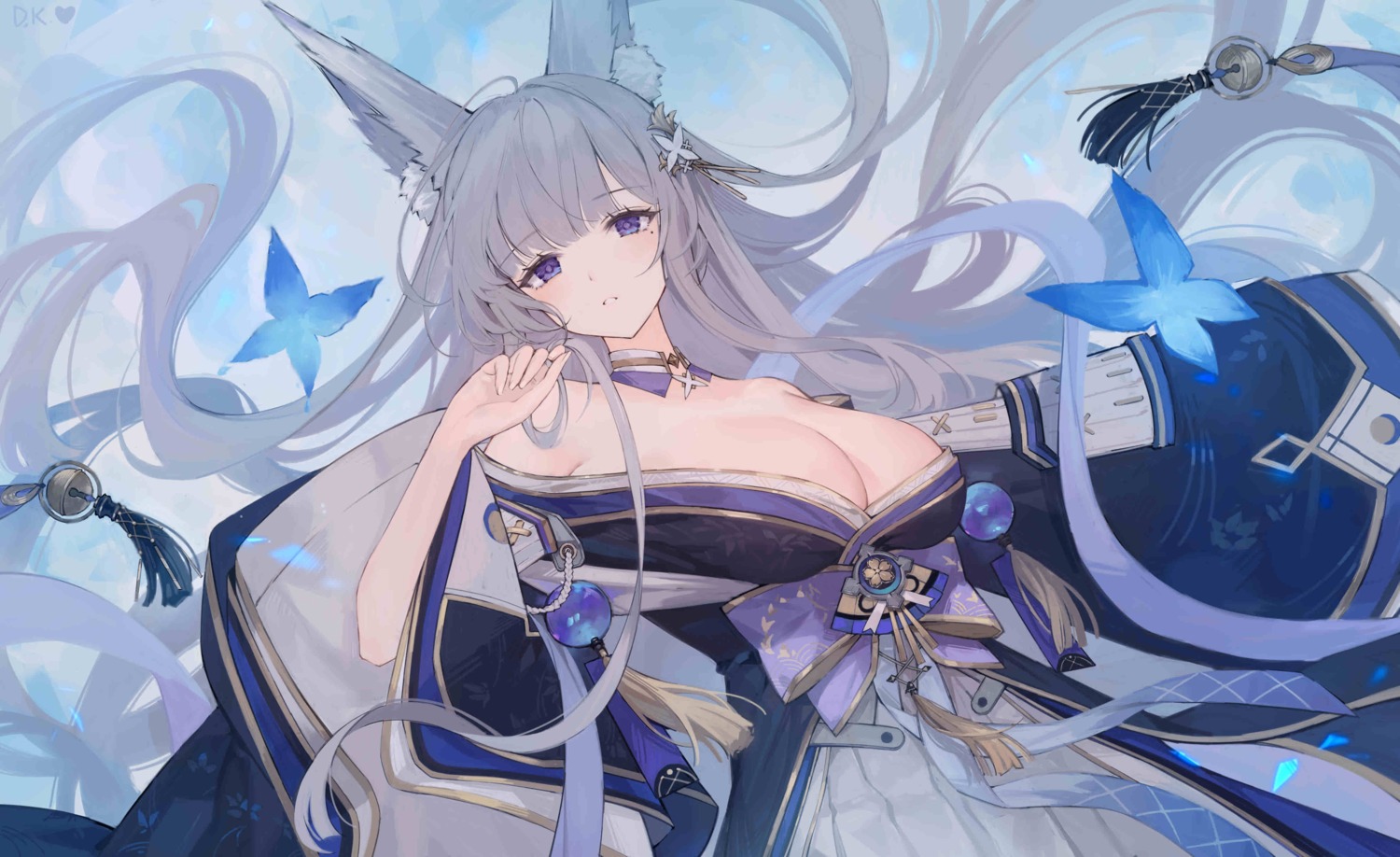 animal_ears, azur_lane, daichengqi, japanese_clothes, jpeg_artifacts, kitsune, no_bra, open_shirt, shinano_(azur_lane)