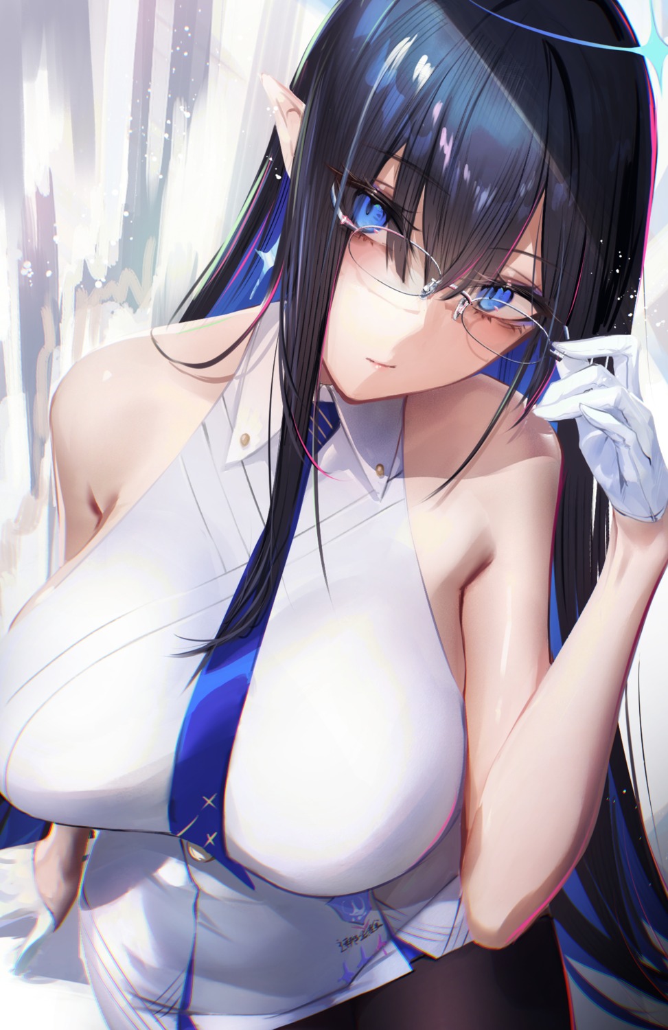 blue_archive, dress, eichi_(yashokuya), halo, megane, nanagami_rin, pantyhose, pointy_ears