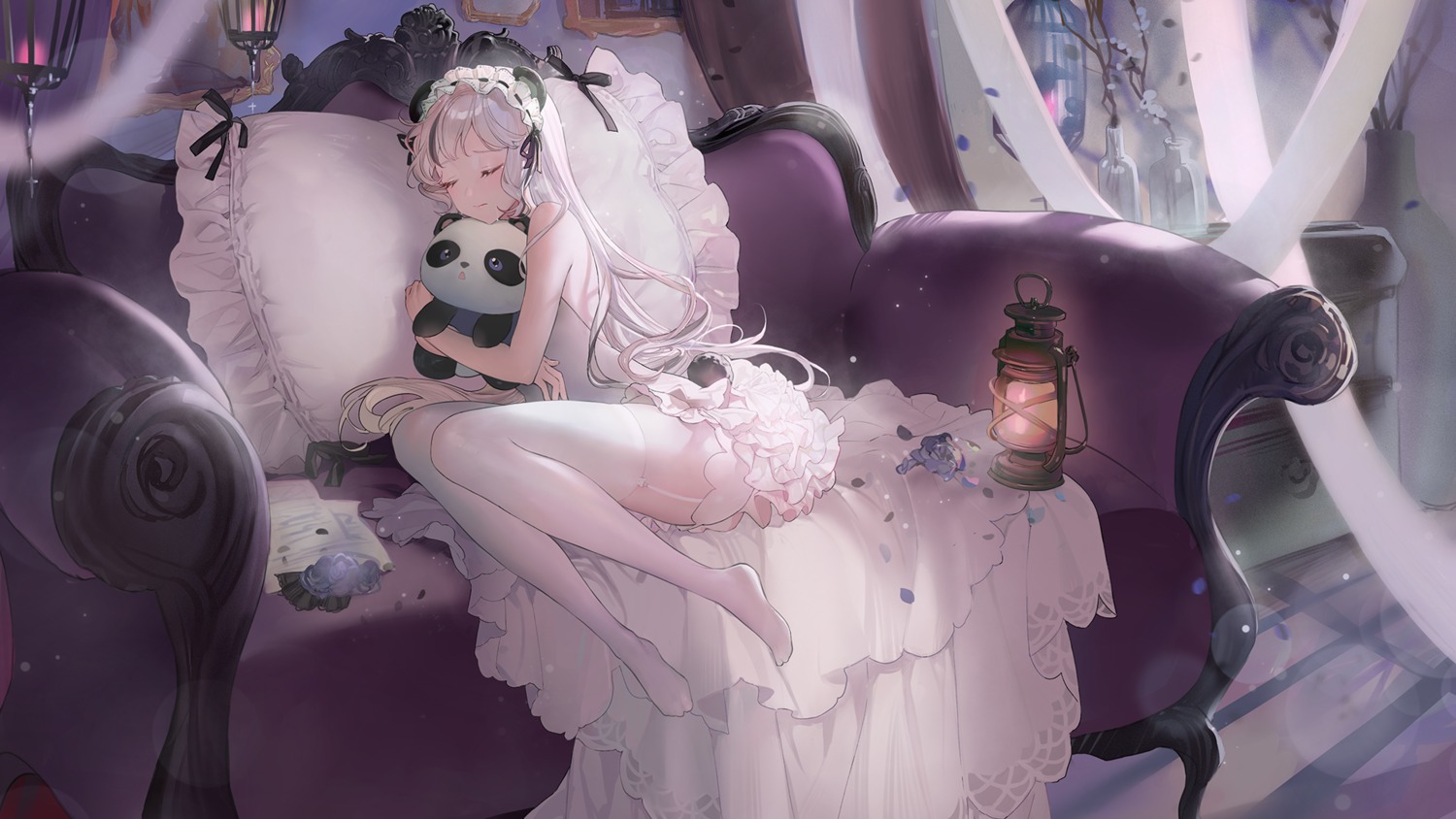 animal_ears, dress, no_bra, stockings, tail, thighhighs, wallpaper, zuo600