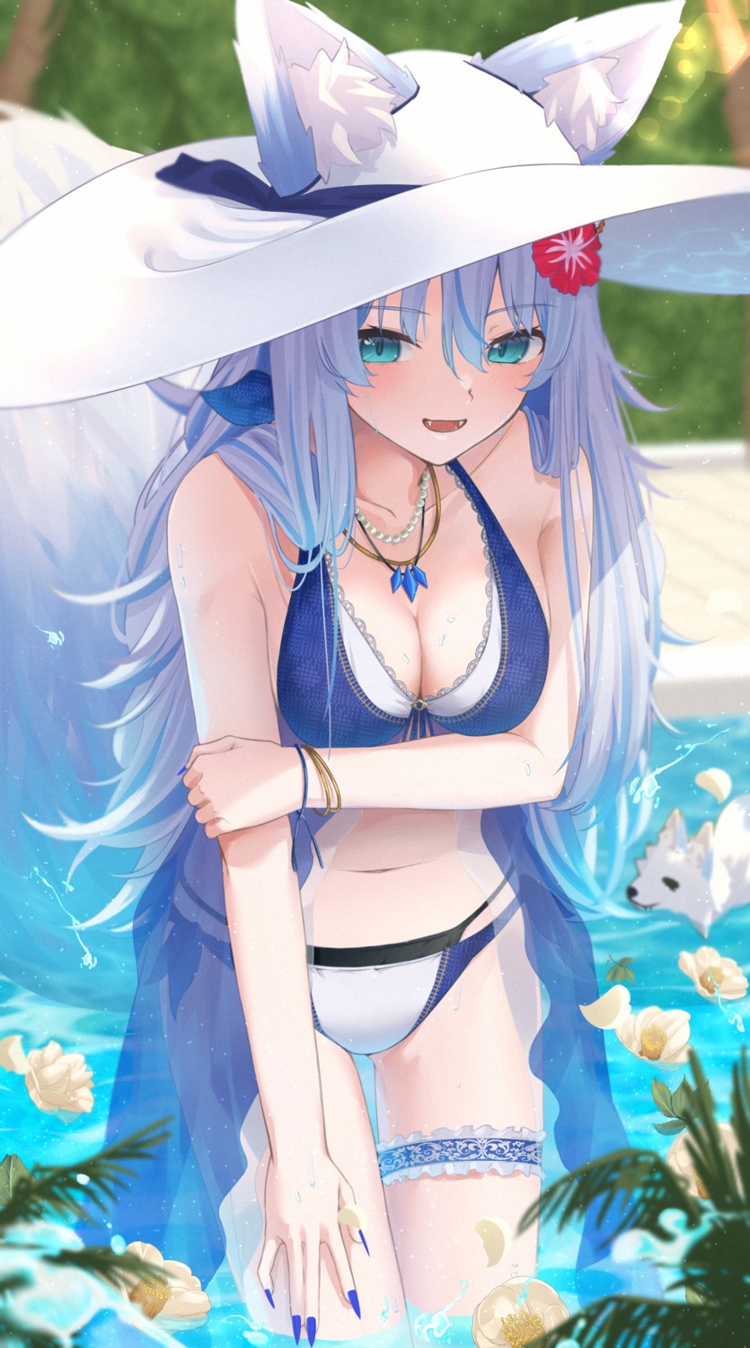 animal_ears, bikini, cleavage, garter, indie_virtual_youtuber, inui_(inuiw_), kitsune, see_through, swimsuits, tail, wet