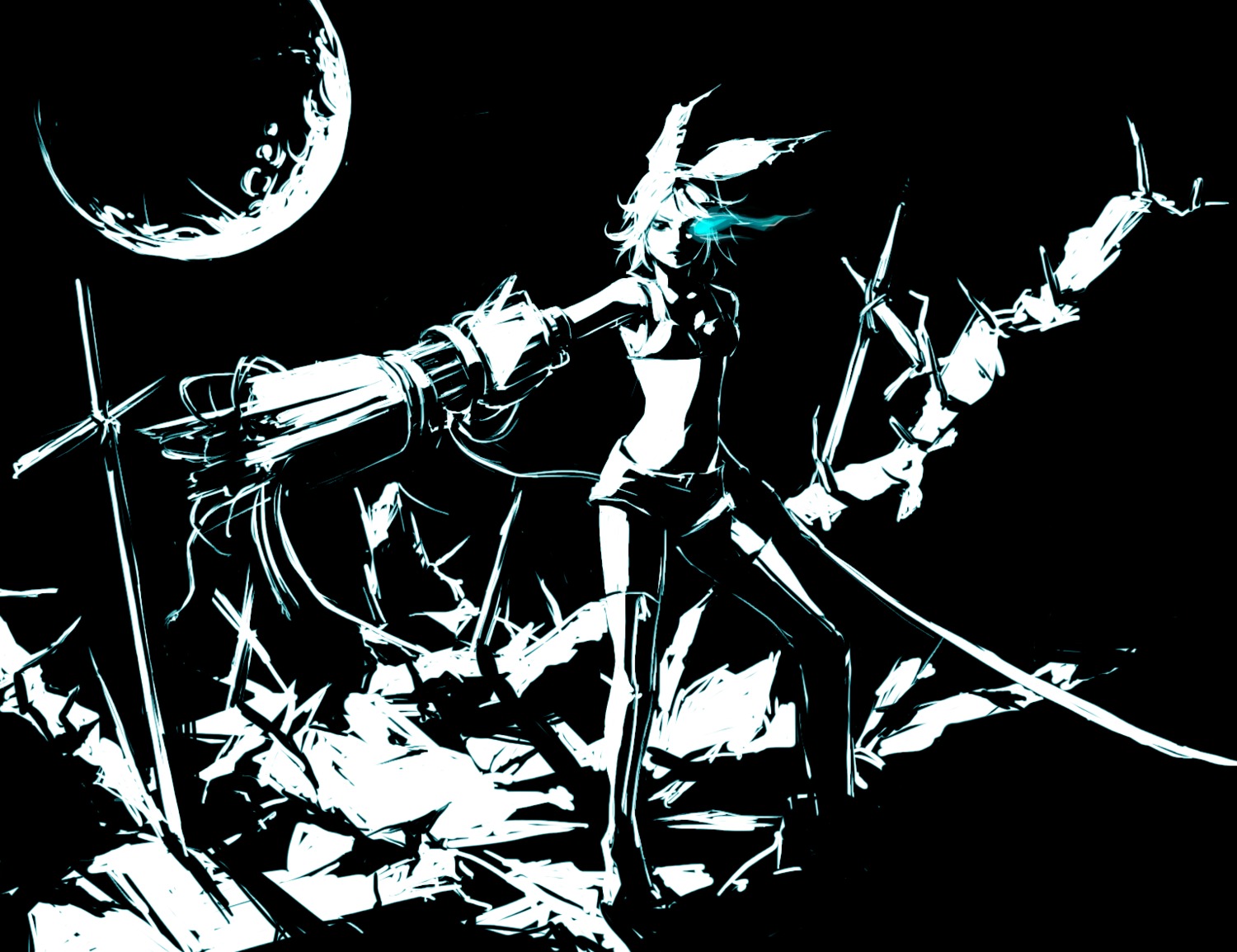 black_rock_shooter, gun, kagamine_rin, monochrome, senbei, vocaloid
