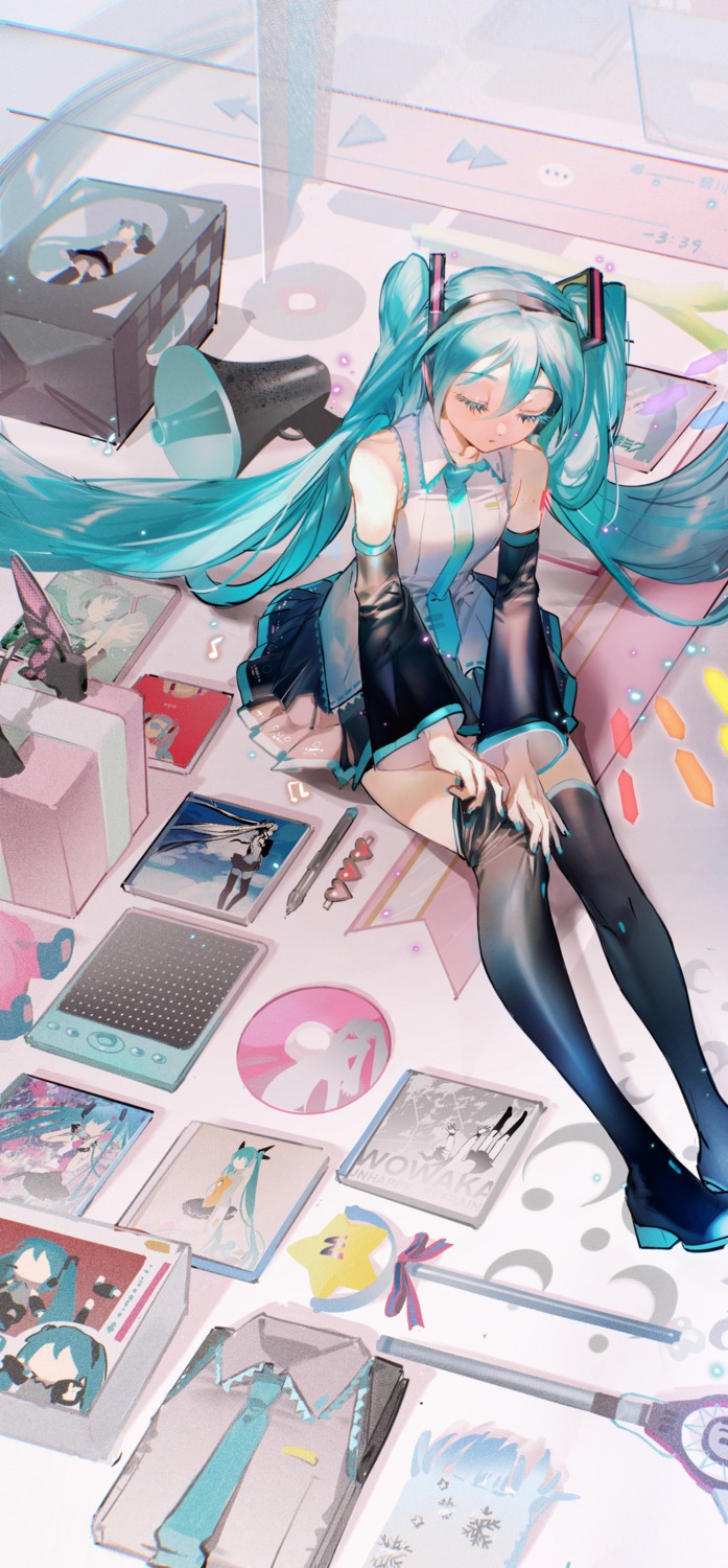 hatsune_miku, headphones, heels, rumoon, tattoo, thighhighs, undressing, vocaloid