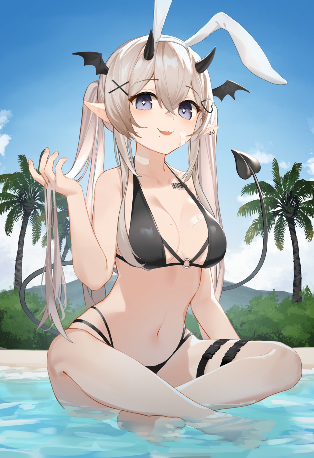 animal_ears, bandaid, bikini, bunny_ears, garter, horns, pointy_ears, swimsuits