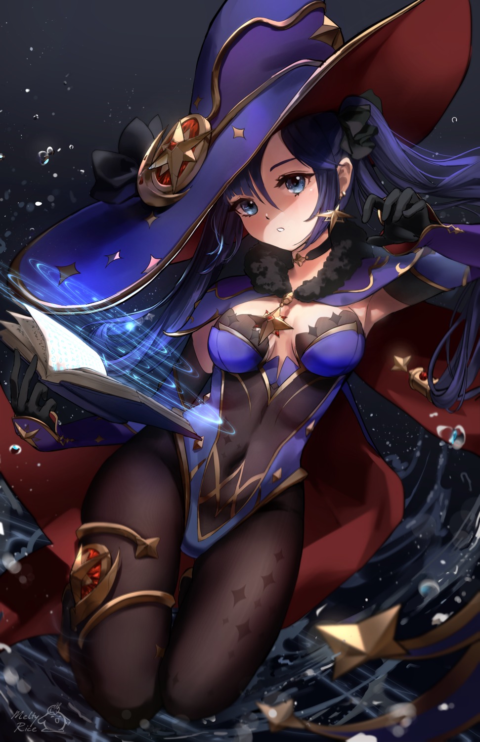 artist_revision, garter, genshin_impact, leotard, meltyrice, mona_megistus, no_bra, pantyhose, witch