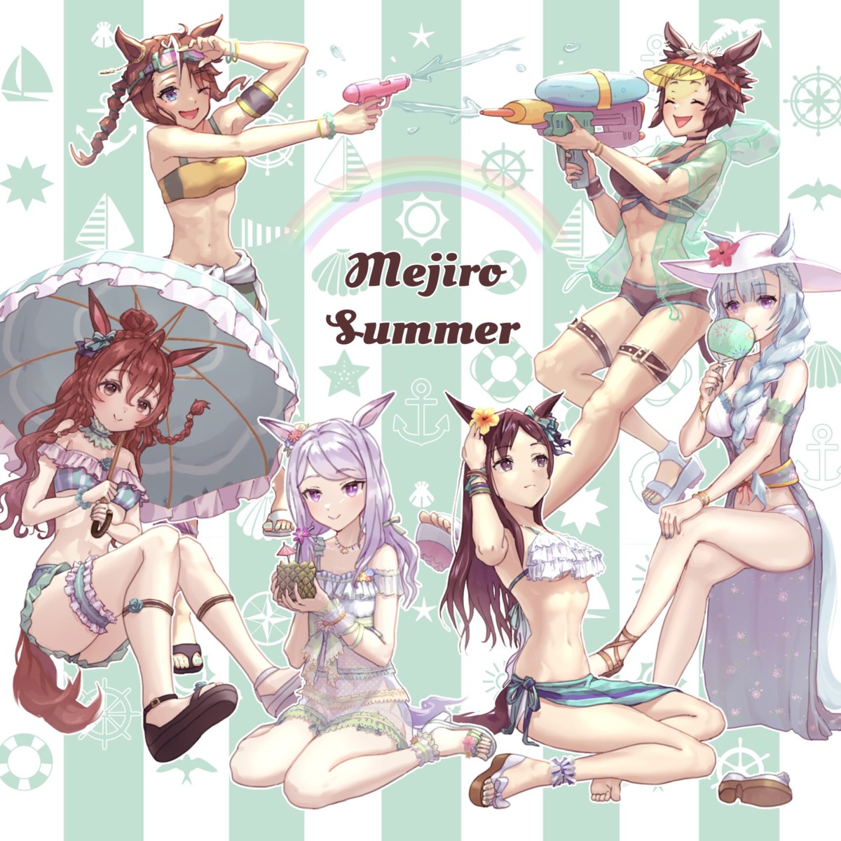 animal_ears, bikini, garter, gun, mejiro_ardan_(umamusume), mejiro_bright_(umamusume), mejiro_dober_(umamusume), mejiro_mcqueen_(umamusume)