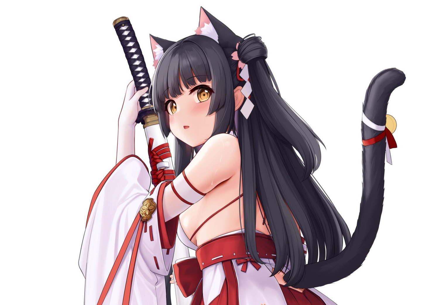 allenes, animal_ears, azur_lane, miko, nekomimi, no_bra, sword, tail