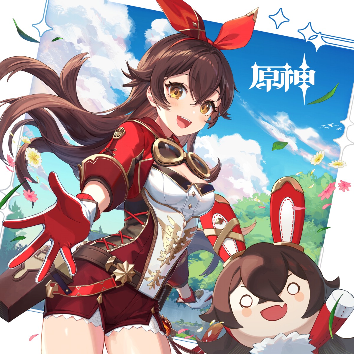 amber_(genshin_impact), baron_bunny, chibi, genshin_impact, yu-ri
