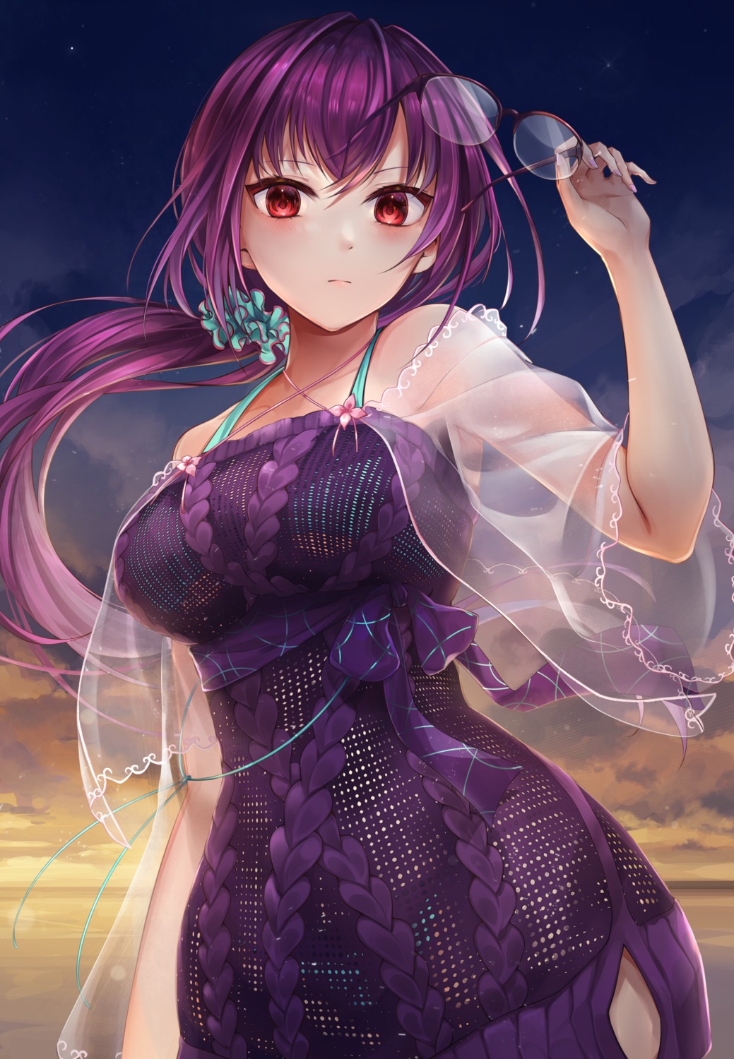 dress, fate/grand_order, megane, scathach_skadi, see_through, slime_(user_jpds8754), sweater