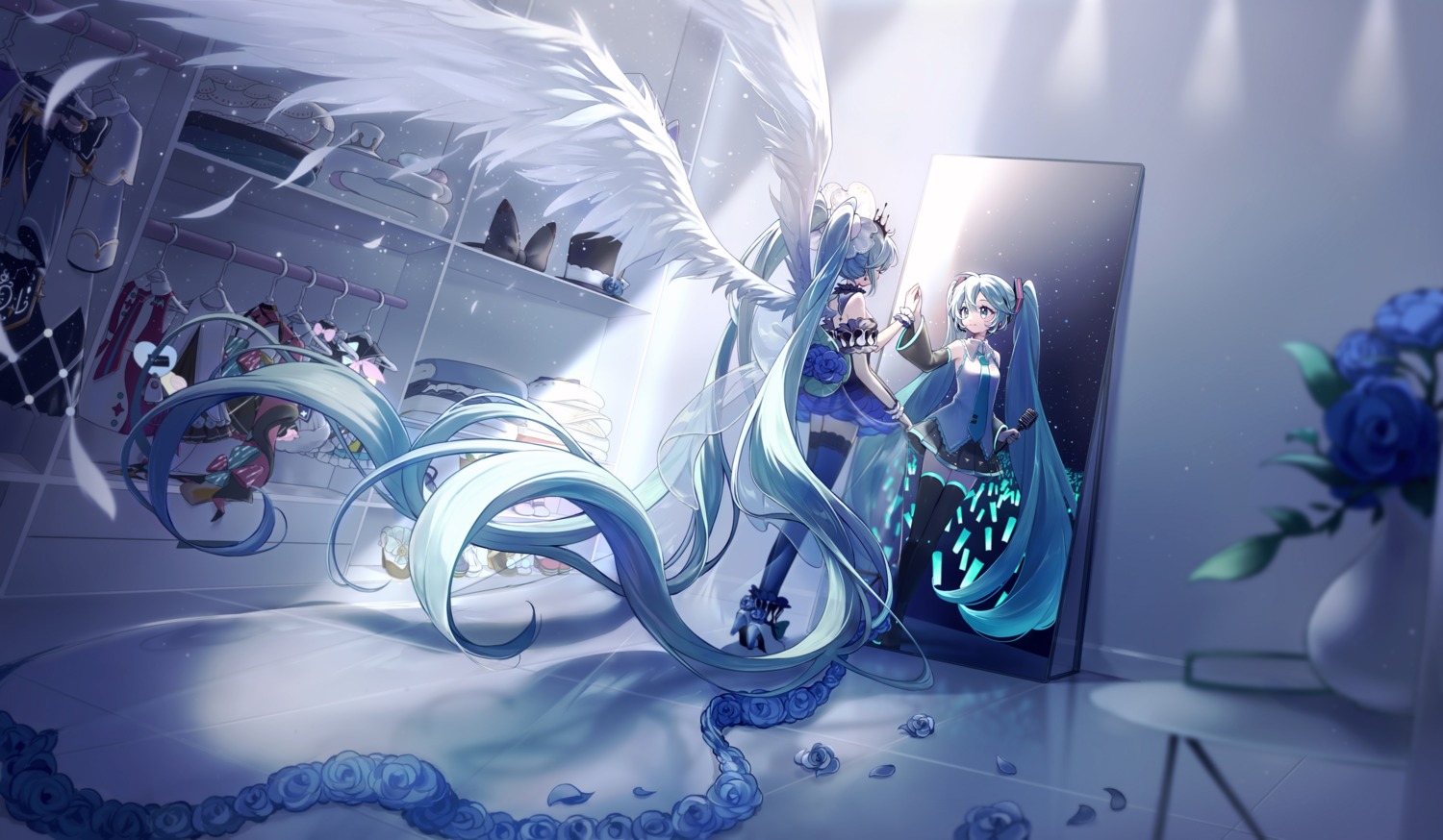 dress, hatsune_miku, headphones, heels, nishina_hima, no_bra, thighhighs, vocaloid