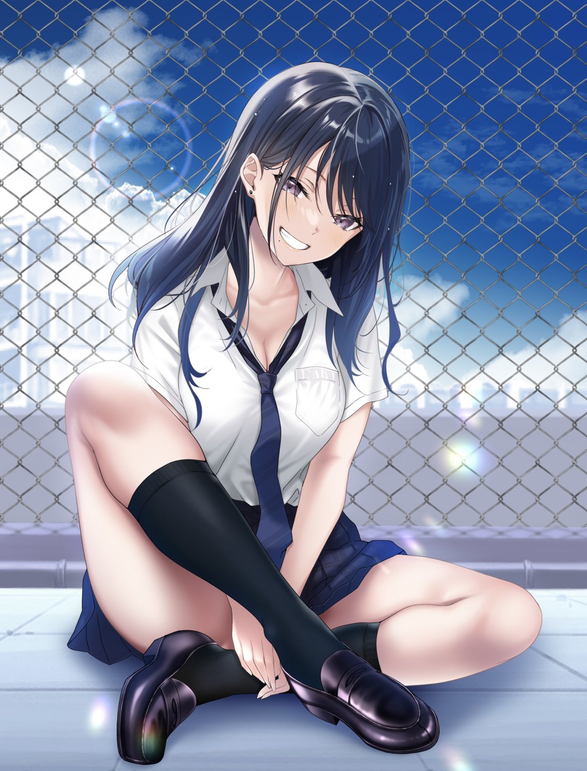 cleavage, hario, seifuku, skirt_lift