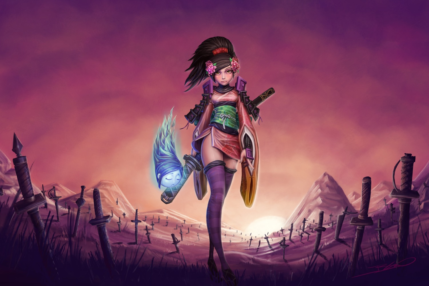 armor, japanese_clothes, jeff_bellio, landscape, momohime_(muramasa), oboro_muramasa, sword, thighhighs
