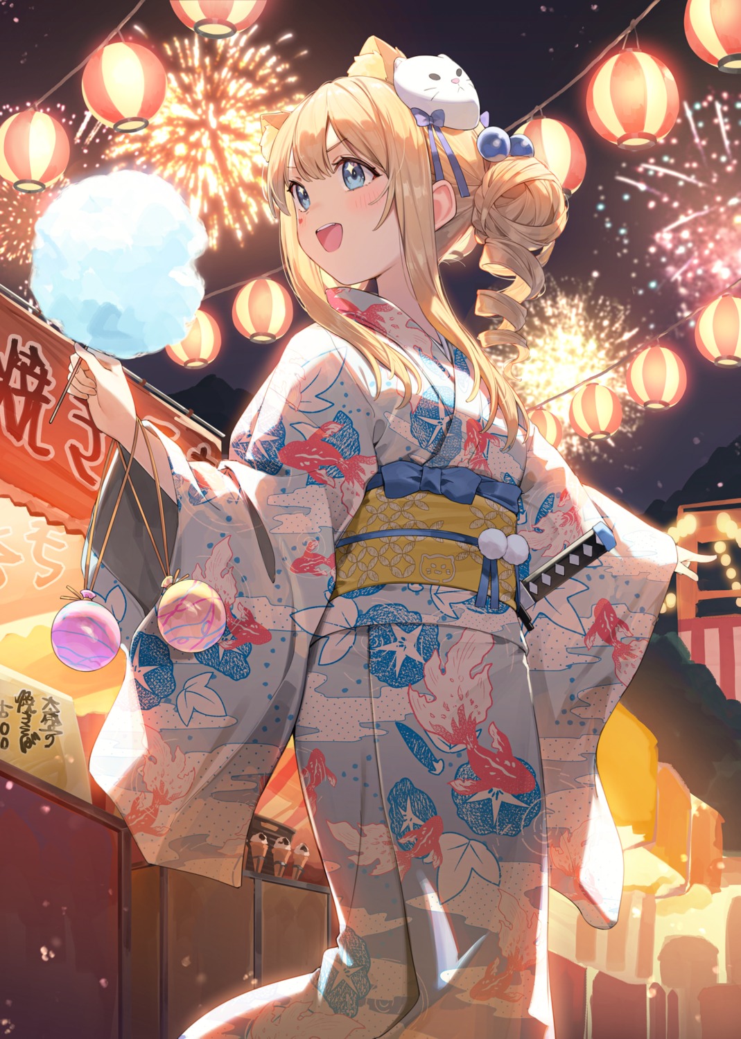 animal_ears, nekomimi, nyum, sword, yukata