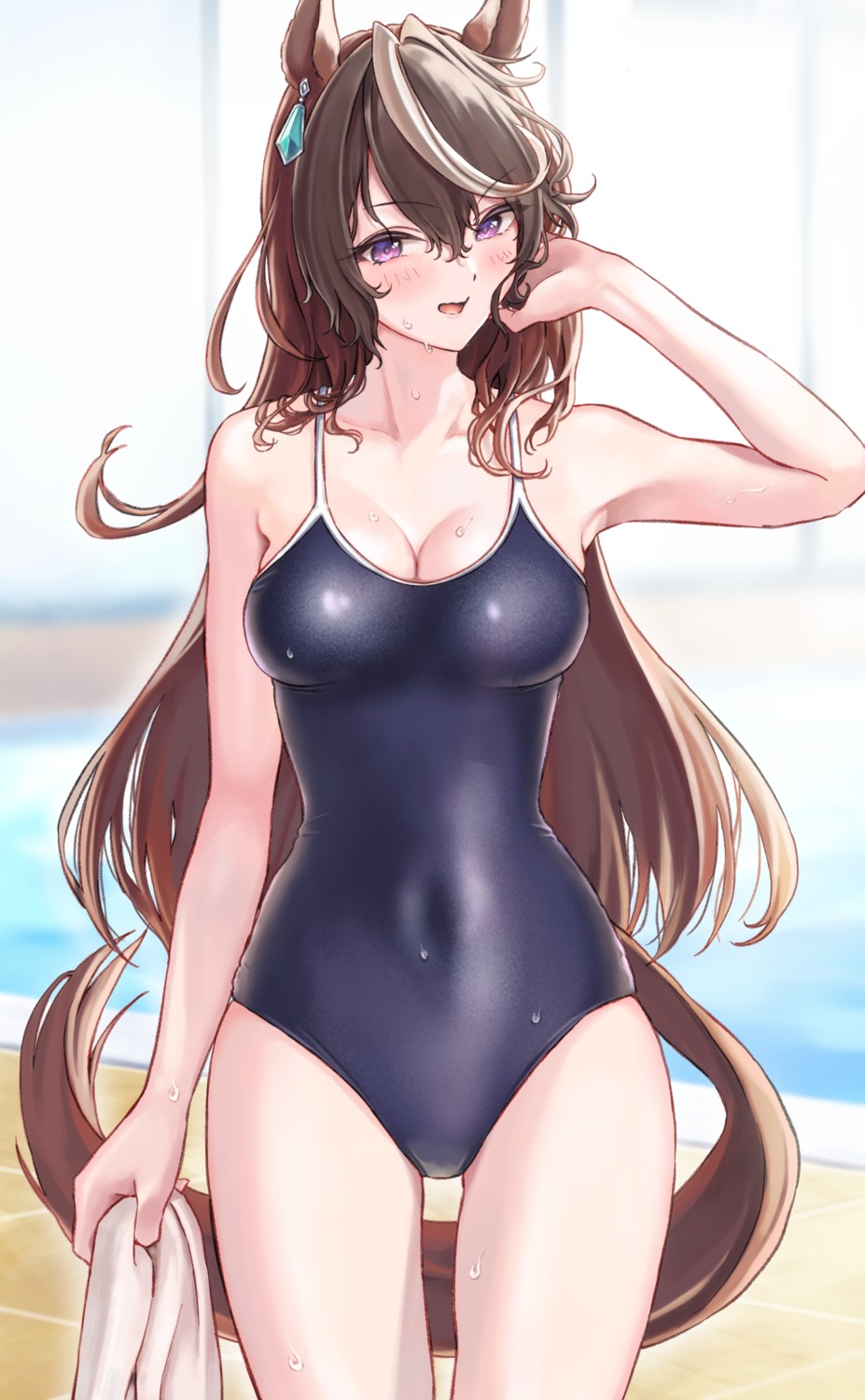 animal_ears, cleavage, huziko, school_swimsuit, swimsuits, symboli_rudolf_(umamusume), tail, uma_musume_pretty_derby