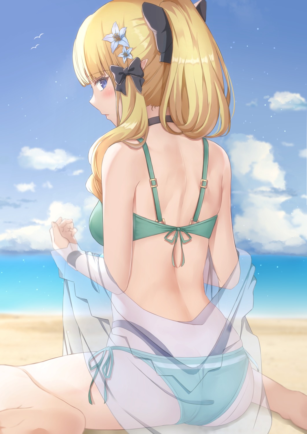ass, bikini, mimori_(mimori_05), open_shirt, pointy_ears, princess_connect!, princess_connect!_re:dive, sasaki_saren, see_through, swimsuits