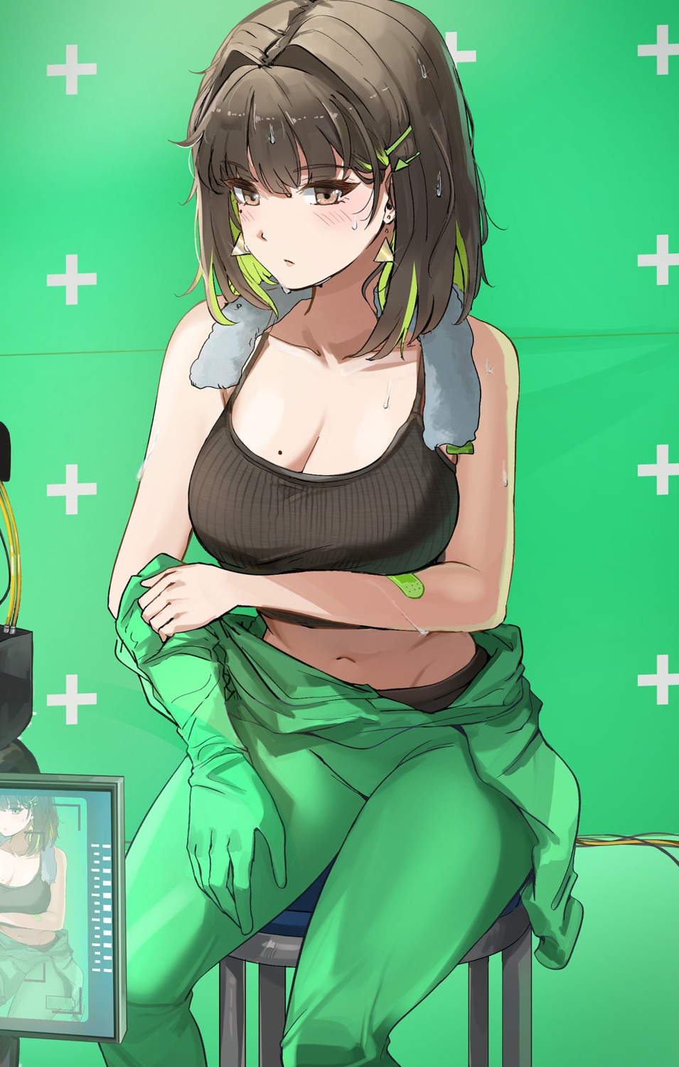 bandaid, bodysuit, cleavage, miru_(ormille), ormille, towel, undressing