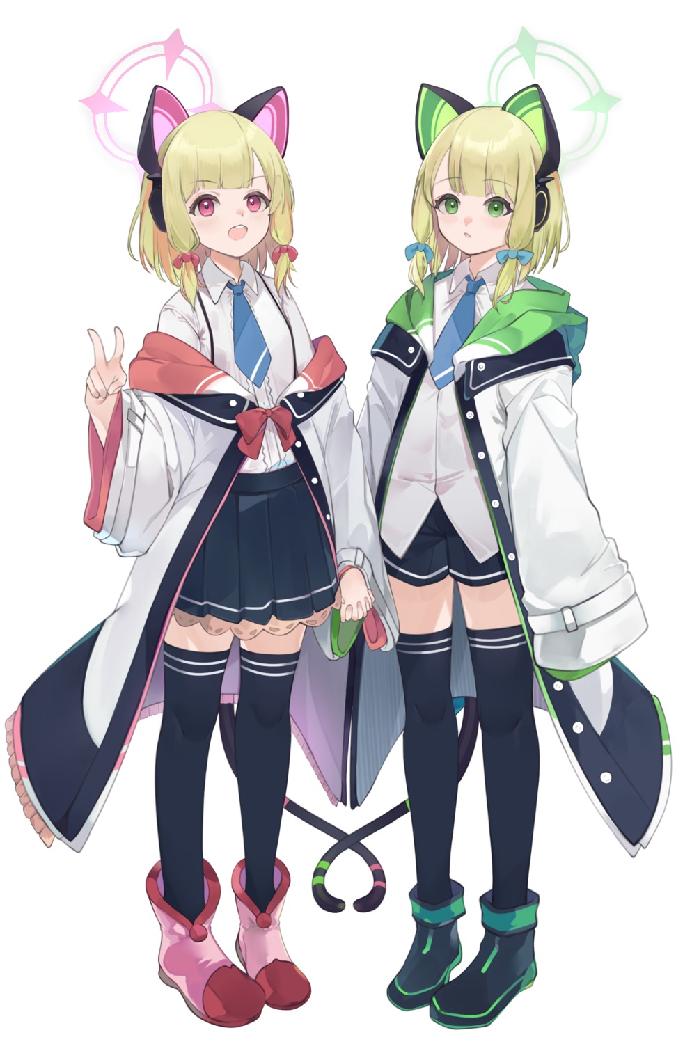 animal_ears, blue_archive, halo, headphones, mimizuku_(mmiganaru), nekomimi, saiba_midori, saiba_momoi, seifuku, tail, thighhighs