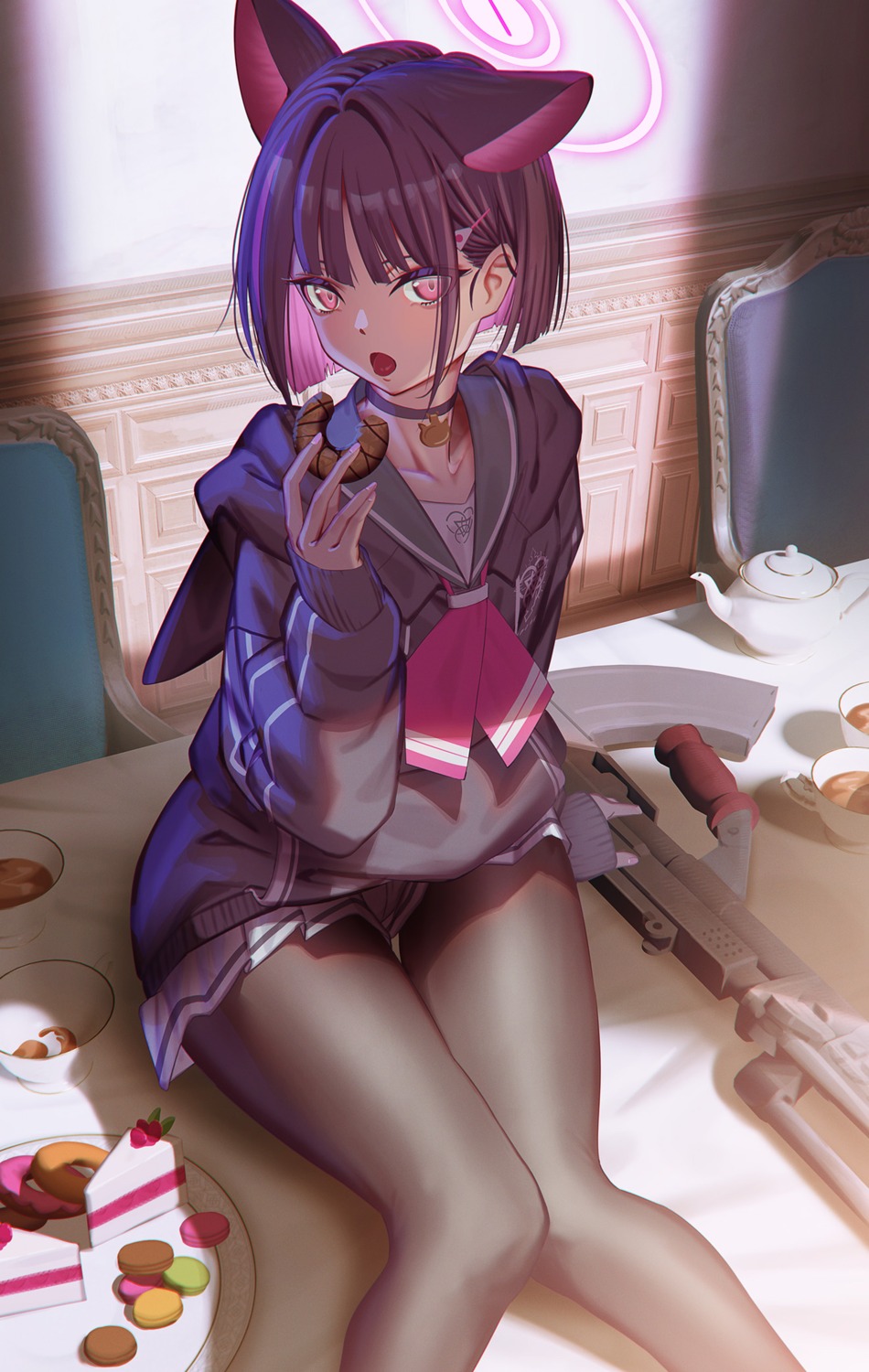 animal_ears, blue_archive, gun, halo, hironii_(hirofactory), kyouyama_kazusa, nekomimi, pantyhose