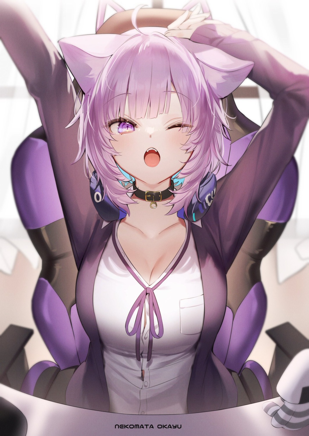animal_ears, cleavage, headphones, hololive, hololive_gamers, kuma_daigorou, nekomata_okayu, nekomimi