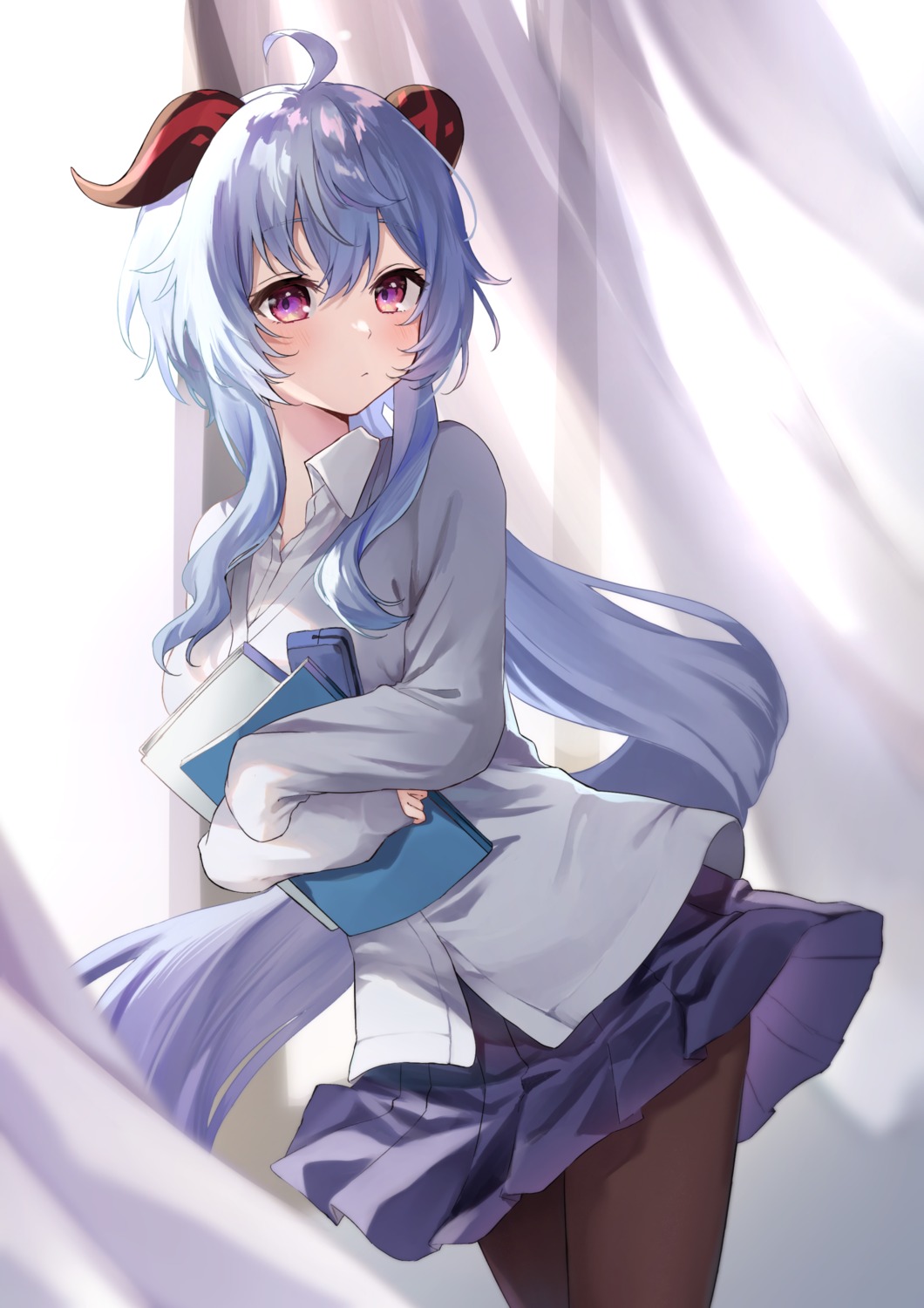 ayatsuki_hina, ganyu, genshin_impact, horns, pantyhose, seifuku, skirt_lift, sweater