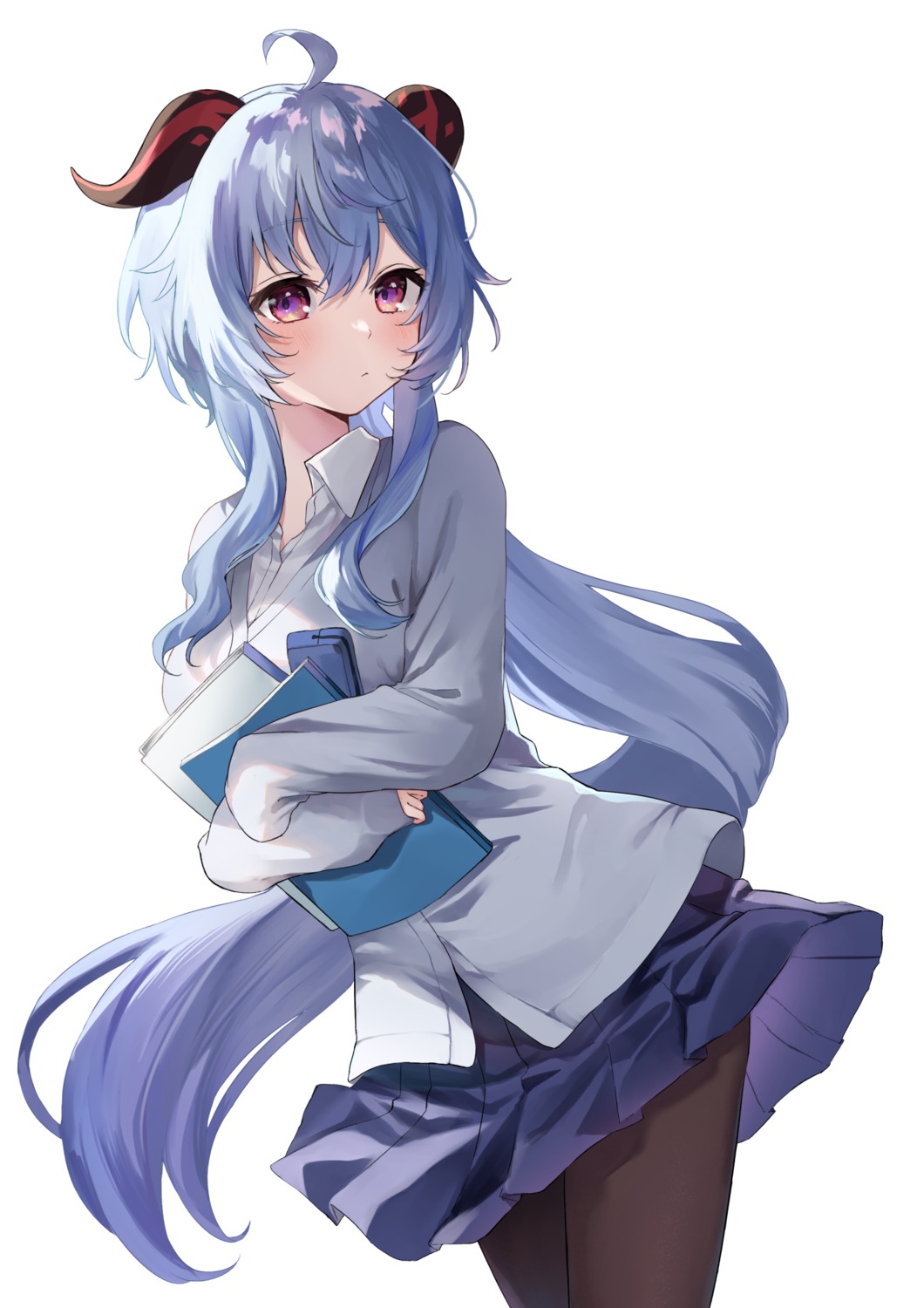 ayatsuki_hina, ganyu, genshin_impact, horns, pantyhose, seifuku, skirt_lift, sweater