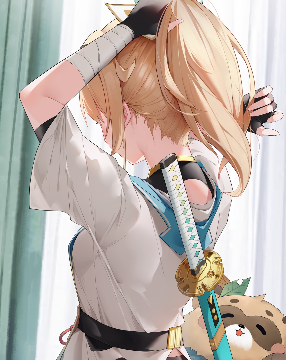 bandages, hololive, japanese_clothes, kaguya_(srx61800), kazama_iroha, sword