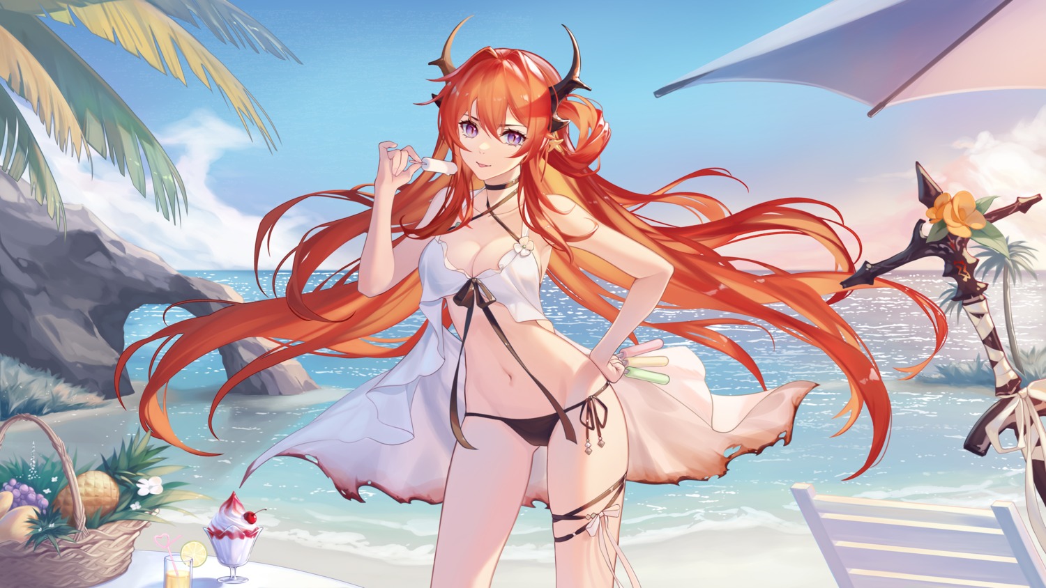 arknights, bikini, garter, horns, kirby_d_a, surtr_(arknights), swimsuits, torn_clothes