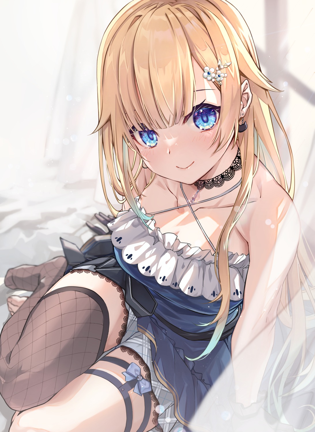 aizawa_ema, dress, fishnets, garter, no_bra, ruo, thighhighs, vspo!