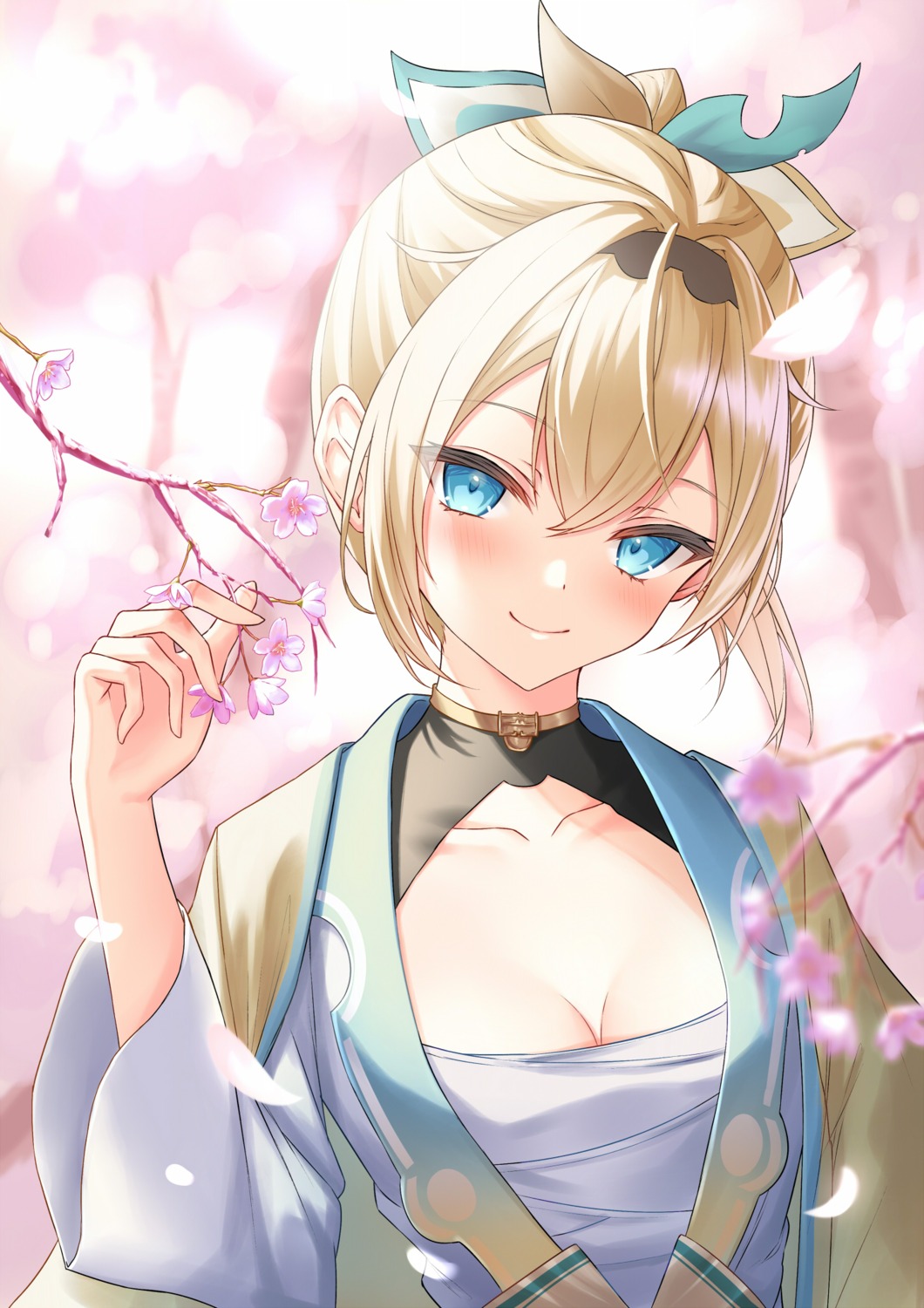 cleavage, hololive, japanese_clothes, kazama_iroha, lis_111, open_shirt, sarashi