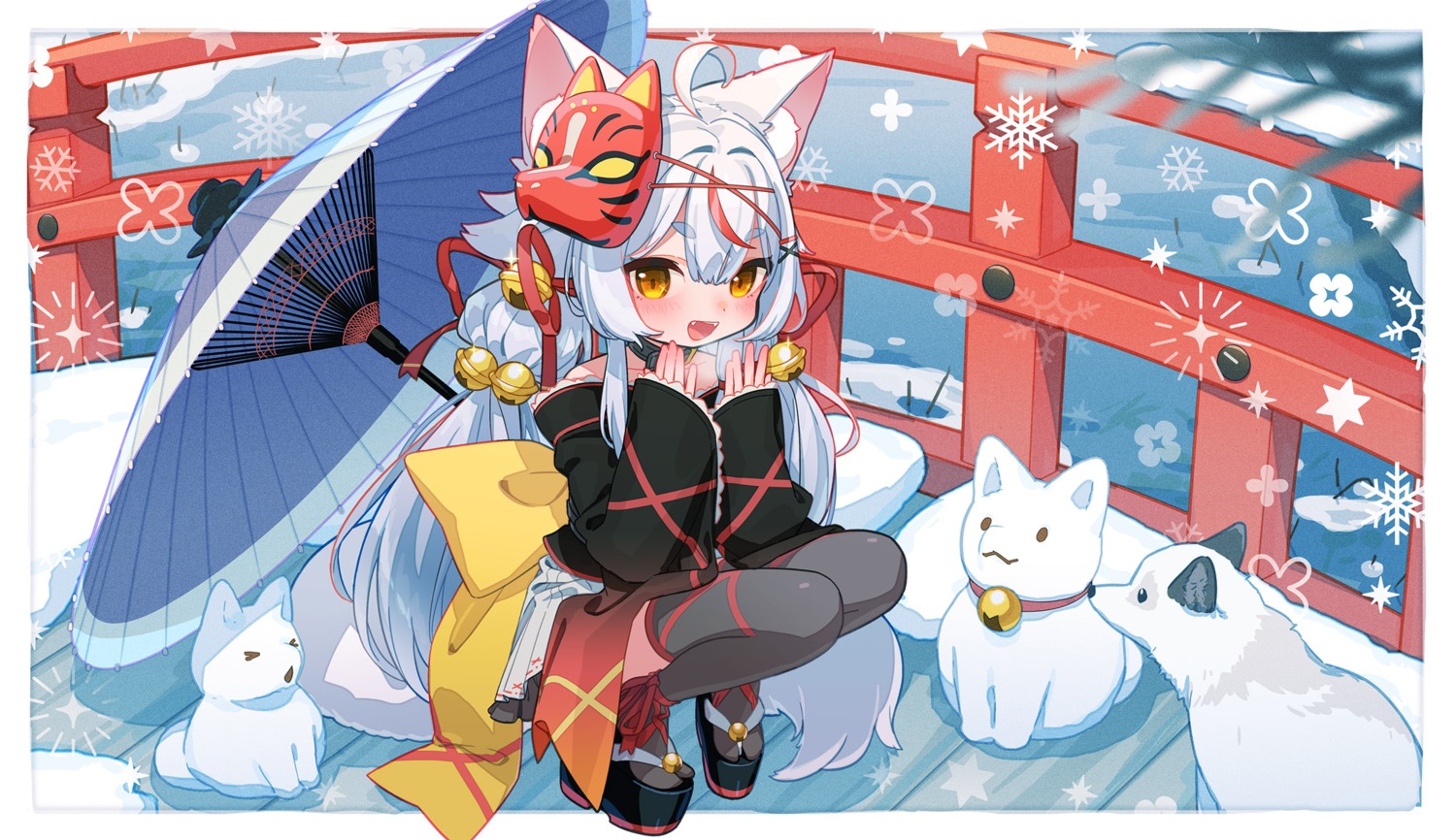 animal_ears, japanese_clothes, kitsune, tail, thighhighs, uchako, umbrella